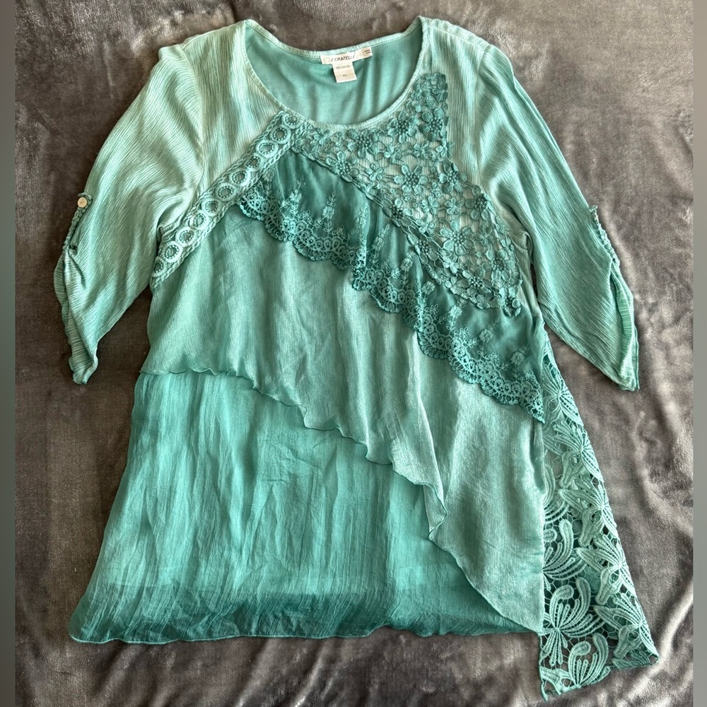 Feratelli Teal Crochet Lace Asymmetrical Chiffon Tunic XL Floral Fairy Grunge - Picture 2 of 8